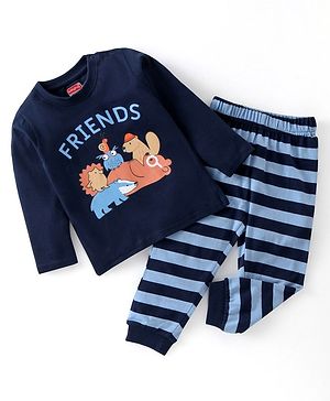 Babyhug Cotton Knit Full Sleeves Night Suit Friends Printed - Navy Blue