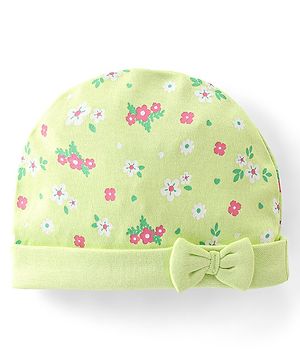 Babyhug 100% Cotton Interlock Knit Cap With Bow Applique Floral Print - Green