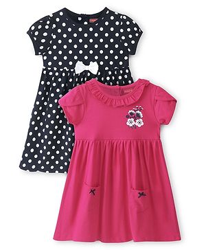 Babyhug 100% Cotton Knit Half Sleeves Frocks Polka & Floral Print Pack of 2 - Multicolor
