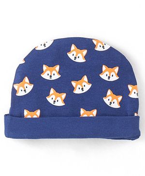 Babyhug 100% Cotton Knit Fox Printed Cap Navy Blue - Diameter 11 cm