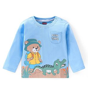 Babyhug Cotton Full Sleeves Tee With Bear & Crocodile Graphics- Light Blue