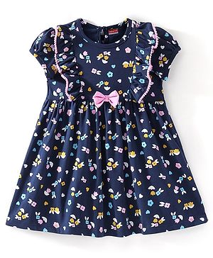 Babyhug Cotton Knit Half Sleeves Floral Printed Frock with Bow Applique - Navy Blue