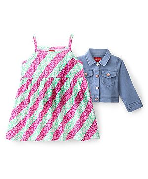 Babyhug Cotton Knit Floral Printed Frock with Full Sleeve Denim Jacket - Multicolor