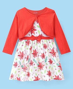 Babyhug Single Jersey Printed Frock with Full Sleeves Knit Shrug - Red