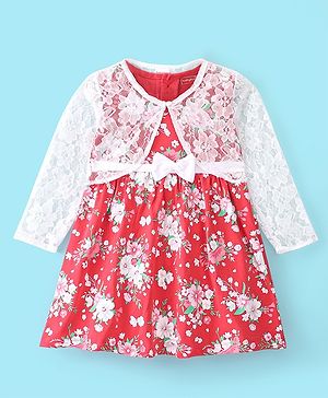 Babyhug Cotton Knit Floral Printed Frock with Full Sleeves Mesh Shrug - Red
