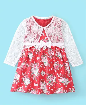 Babyhug Cotton Knit Floral Printed Frock with Full Sleeves Mesh Shrug - Red