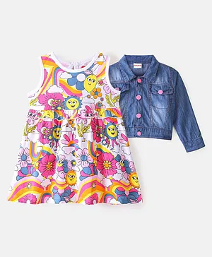 Babyhug Cotton Knit Sleeveless Floral Print Frock with Denim Jacket - Multicolour