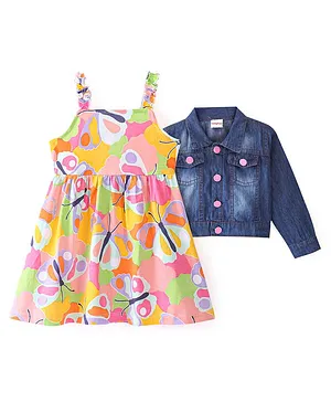 Babyhug Cotton Knit Sleeveless Butterfly Print Frock with Denim Jacket - Multicolour
