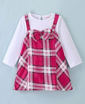 Babyhug Knitted Checkered Frock With Full Sleeves Inner T-Shirt - Lilac