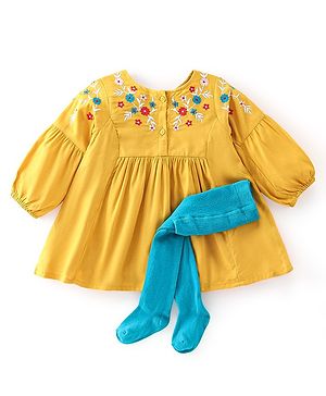 Babyhug Rayon Woven Fullsleeve Frock With Legging With Floral Embroidery - Yellow