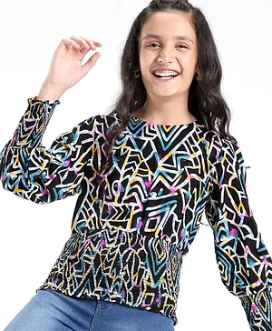 Pine Kids Full Sleeves Abstract Printed Top With Elasticated Fit - Black