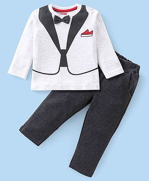 Babyhug 100% Cotton Terry Full Sleeves T-Shirt Coat Design and Lounge Pants - White & Navy Blue