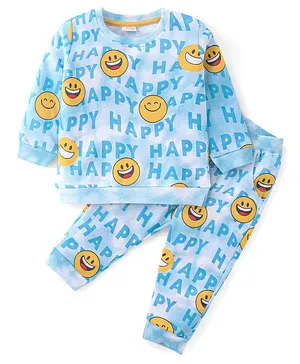 Babyhug Terry Knit Full Sleeves Hooded T-Shirt & Pant Set with Smiley Print - Blue & Yellow main image 0