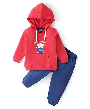 Babyhug 100% Cotton Full Sleeves T-Shirt & Lounge Pants With Teddy Print - Red & Navy Blue