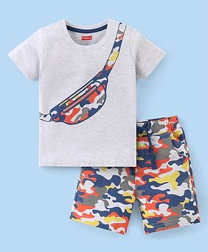 Babyhug Single Jersey Knit Half Sleeves T-Shirt & Shorts With Camouflage Print - Grey & Blue