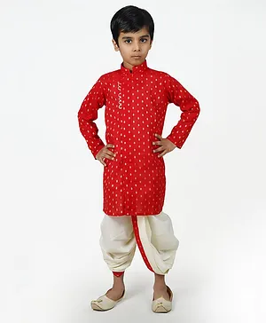 Mittenbooty Full Sleeves Foil Printed Angrakha Style Kurta With Dhoti - Red