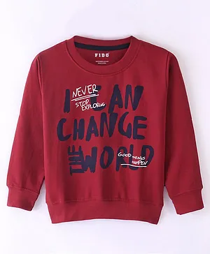 Fido Cotton Knit Looper Full Sleeves Text Printed Light Winter Wear T-Shirt - Maroon
