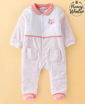 Babyoye Eco Conscious 100% Cotton Fox Embroidery & Polka Dots Printed Winter Wear Footed Sleepsuit - White