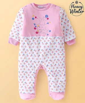 Babyoye Eco Conscious 100% Cotton Full Sleeves Floral Printed Winter Wear Footed Sleepsuit - Pink & White