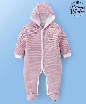 Babyoye Eco Conscious 100% Cotton Full Sleeves Striped Hooded Footed Winter Sleepsuit Text Embroidery - Multicolor
