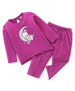 Babyhug Single Jersey Full Sleeves Night Suit With Bear & Polka Dot Print - Purple