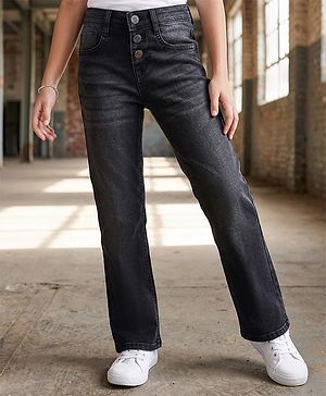 Pine Kids Denim Woven Full Length Bell Bottom Washed Jeans - Black