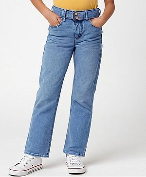 Pine Kids Full Length Flared Double Button Waist Denim With Back Elasticated - Mid Blue
