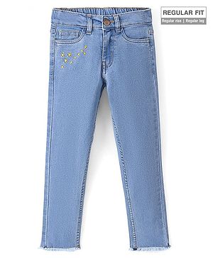 Pine Kids Ankle Length Back Elasticated Waist Jeans With Star Embroidery - Light Blue