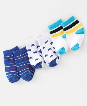 Doodle Poodle Cotton Knit Ankle Length Socks Stars & Stripes Design Pack of 3 - Blue & White