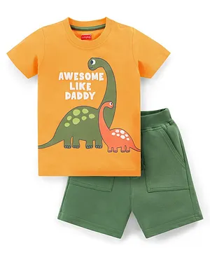 Babyhug Single Jersey Half Sleeves T-Shirt & Shorts With Dino Print - Green & Orange