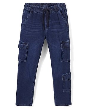 Pine Kids Denim Washed Full Length Cargo Fit Jeans with Pockets - Dark Blue