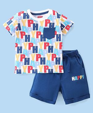 Babyhug 100% Cotton Knit Half Sleeves Happy Printed T-Shirt & Shorts Set - Blue
