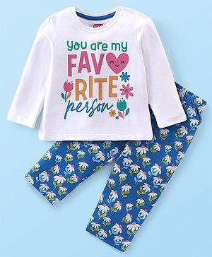 Babyhug Cotton Knit Full Sleeves Night Suit With Text & Floral Print - Navy Blue & White