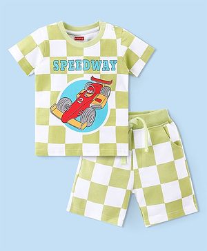 Babyhug Single Jersey Knit Half Sleeves T-Shirt & Shorts With Cars & Checks Print - White & Green