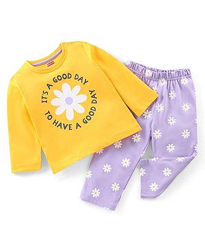 Babyhug Cotton Knit Full Sleeves Text & Floral Printed Night Suit - Yellow & Lavender