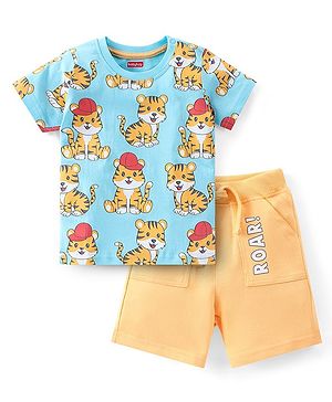 Babyhug 100% Cotton Knit Half Sleeves T-Shirt & Shorts With Tiger Print - Blue & Yellow