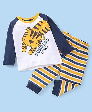 Babyhug Cotton Knit Raglan Sleeves Stripe & Tiger Printed Night Suit - Multicolour