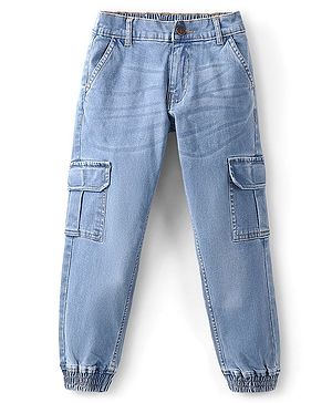 Pine Kids Cotton Full Length Joggers Fit Adjustable Washed Elasticated Jeans - Blue