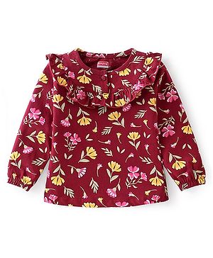 Babyhug 100% Cotton Knit Full Sleeves Top With Frill Detailing Floral Print - Maroon