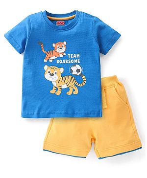 Babyhug 100% Cotton Half Sleeves Lion Printed T-Shirt & Shorts Set - Blue & Yellow