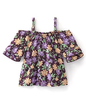Babyhug 100% Cotton Three Fourth Sleeves Off Shoulder Top with Frill Detailing Floral Print - Purple