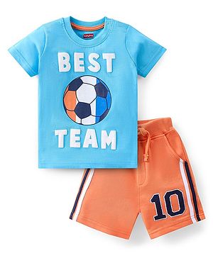 Babyhug Cotton Knit Half Sleeves T-Shirt & Shorts Set Football Print - Blue & Orange