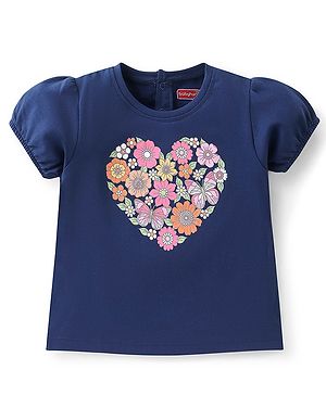 Babyhug Cotton Knit Half Sleeves Top Foral Graphics - Navy