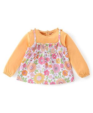 Babyhug Cotton Knit Floral Print Top with Inner Tee & Bow Detailing - Yellow & White