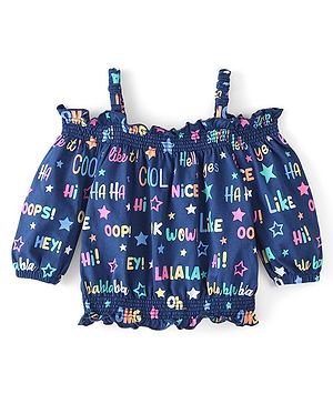 Babyhug 100% Cotton Knit Off Shoulder Full Sleeves Top With Smoking Detailing Text Print - Navy Blue