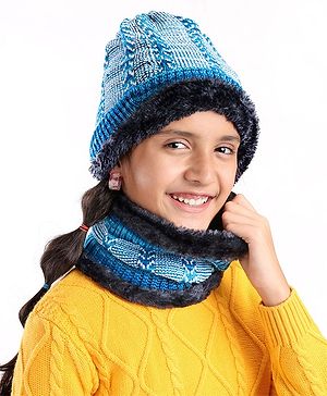 Pine Kids Woollen Cap & Snood Set Blue - Cap Diameter 11 cm