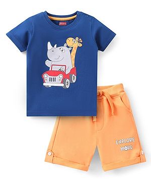 Babyhug 100% Cotton Knit Half Sleeves T-Shirt & Shorts With Rhino & Giraffe Print - Blue & Orange