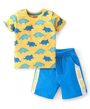 Babyhug Cotton Knit Half Sleeves Dino Printed T-Shirt & Shorts Set - Yellow & Blue
