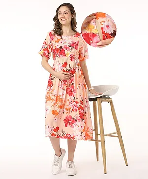 Bella Mama Viscose Half Sleeves Maternity Dress With Pocket Floral Print - Peach