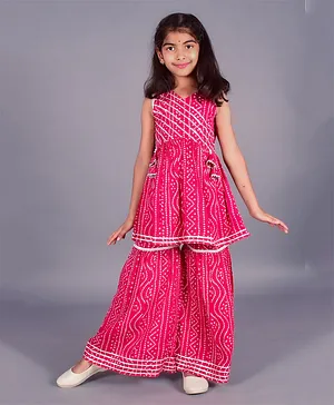 misbis Sleeveless Bandhani Design & Gota Laced Kurta With Sharara - Pink